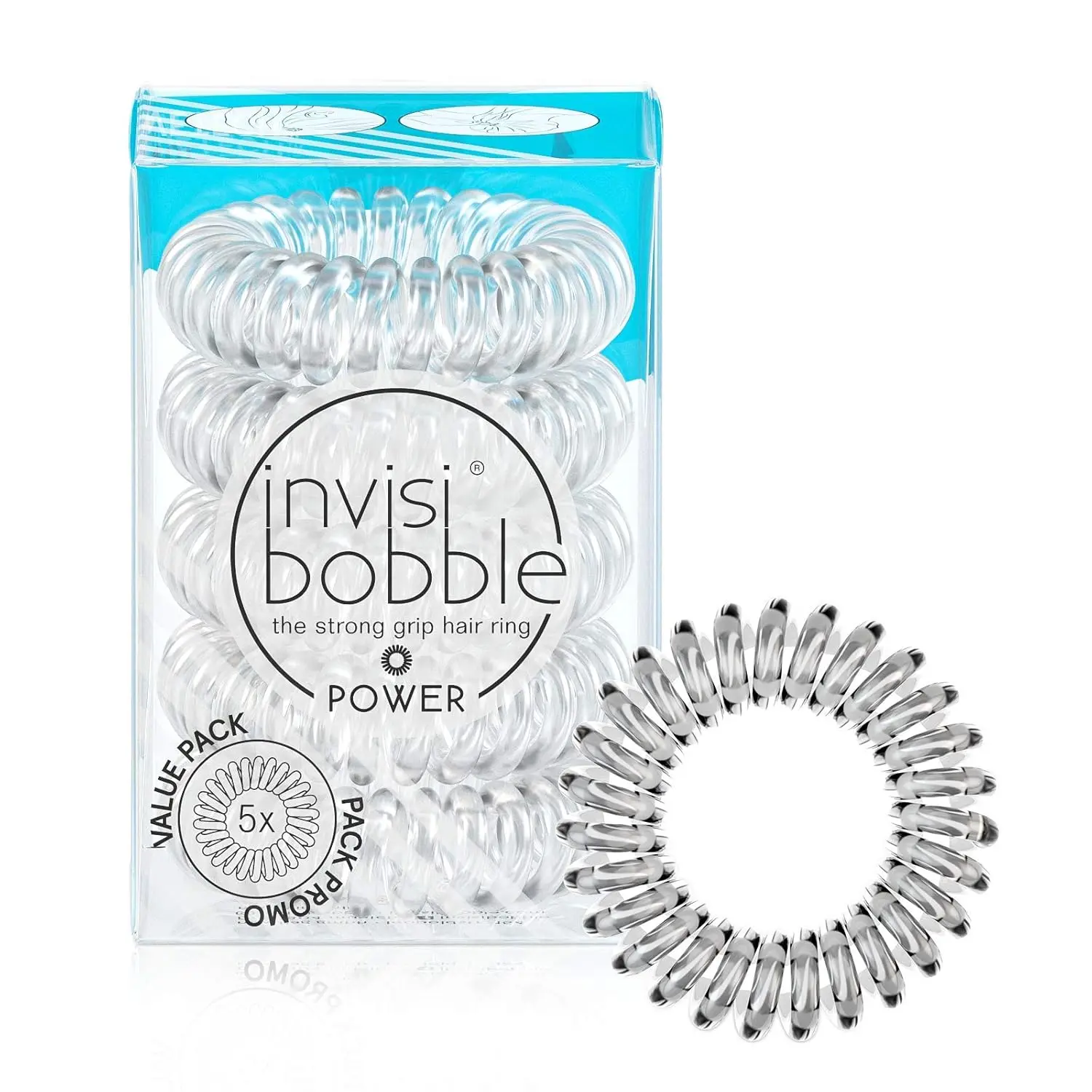 

Power TracelSpiral Hair Ties - 5 Pack - Crystal Clear - Strong Elastic Grip Coil Hair Accessories for