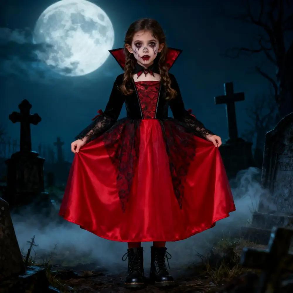 Girl Vampire Halloween Dress For Kid Ghost Bride Gothic Cosplay Vampire Costume Count Vampiran Carnival Outfit Black Red Clothes