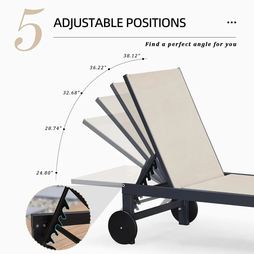 

Outdoor Chaise Lounge with Wheels for Outside 2 Pieces Aluminum Patio Lounge Chair with 5 Adjustable Position, Customized