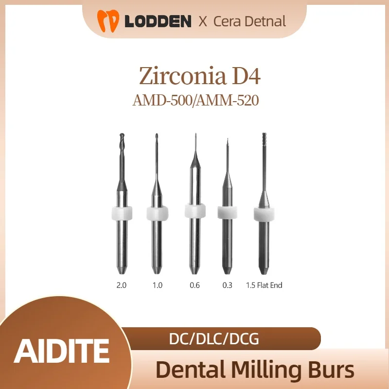 Aidite AMD-500/AMM-520 Dental Milling Cutters For Zirconia DC/DCG/DLC Coating D4 Shank CAD CAM Grinding Drills 2.0/1.0/0.6/0.3mm