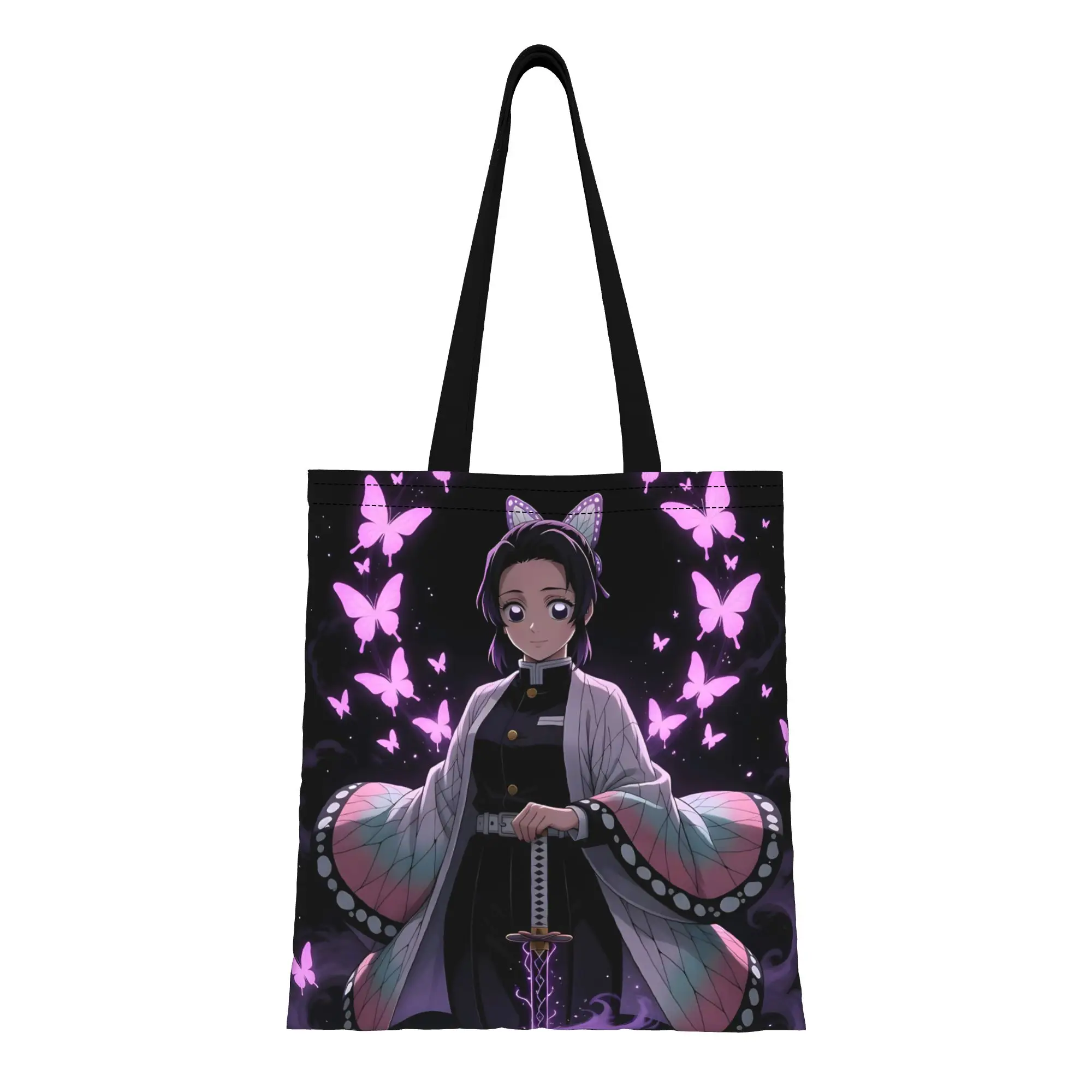 1PC Large Capacity Butterfly Girl Demon Slayer Canvas Tote Bag Foldable Chic Pattern No Closed Design