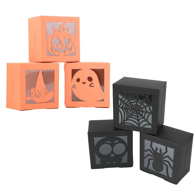 50/100PCS Kraft Paper Halloween Ghost Spider Candy Box Square PVC Window Packaging Gift Box  Baby Shower Wedding Party Supplies