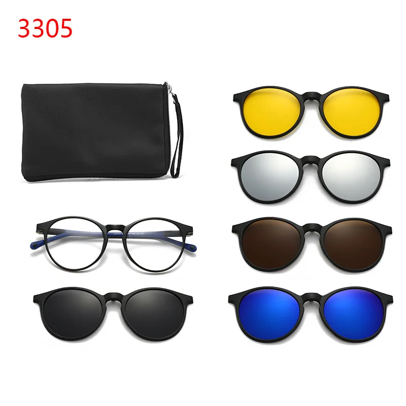 6 In 1 Spectacle Transparent Round Frame With 5 PCS Clip On Polarized Sunglasses Magnetic Glasses Male Computer Optical 3305