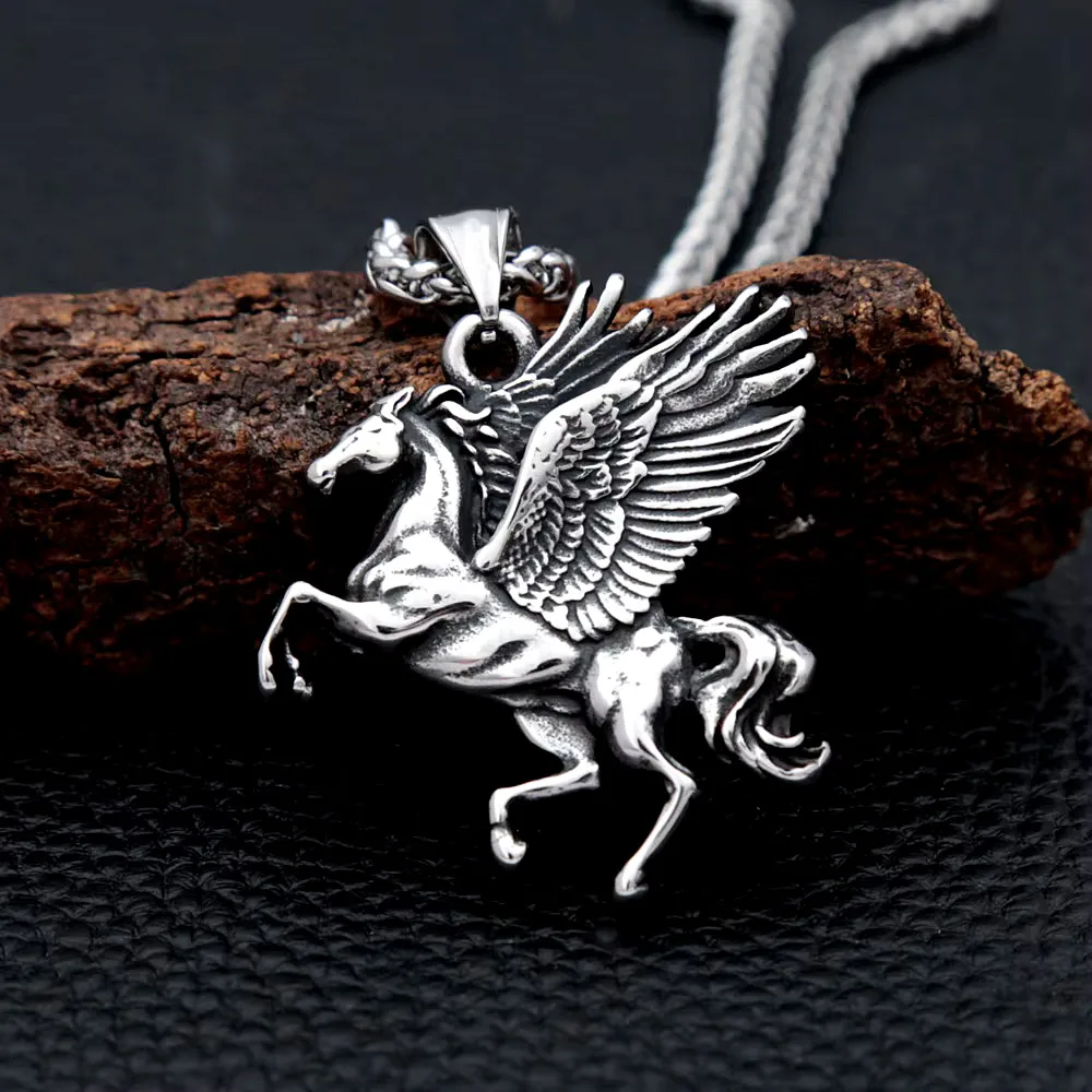 Vintage Greek Mythology Flying Winged Horse Pendant Necklace Stainless Steel Flying Unicorn Chain For Men Fashion Jewelry Gift
