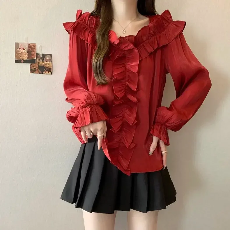 

Ruffled Chiffon Long-sleeved Shirt Plus Size Loose Women Fashionable Bell Sleeve Top