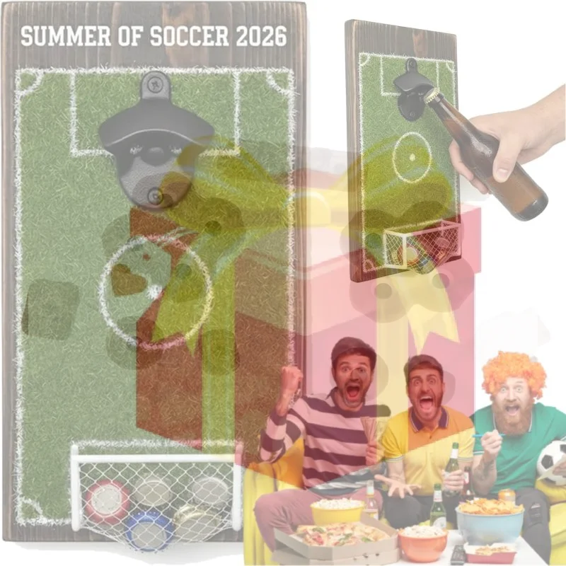 【HG】Soccer Field Bottle Opener Wall Decor, Magnetic Wall Mounted Beer Bottle Opener With Cap Catcher, Wooden Soccer Field Sign