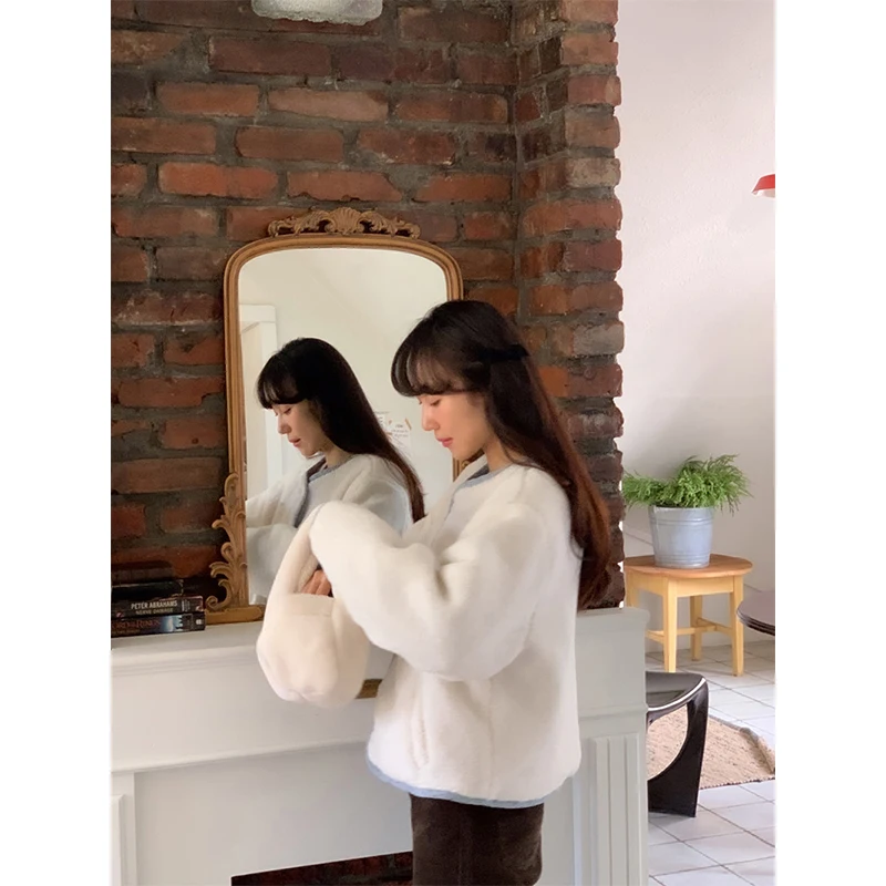 MEXZT 빈티지 플로럴 숏 파카 여성용 한국 패치워크 플러피 재킷 겨울 큐트코어 퍼리 코트 여성용 긴 소매 아우터웨어