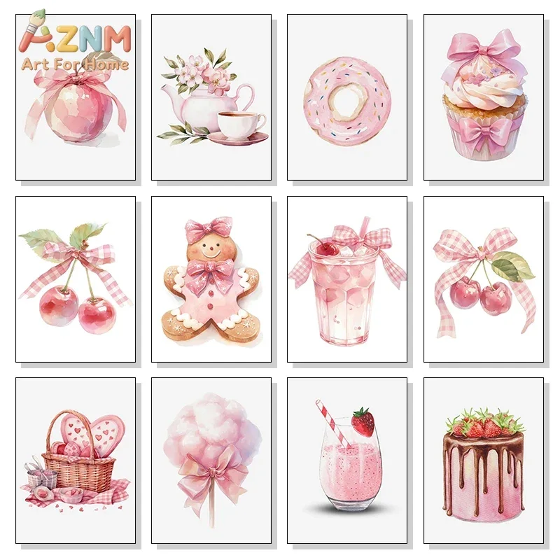AZNM Watercolor Pink Sweet Dessert Canvas Print, Frameless Cake Donut Cherry Fruit Wall Poster, Cute Bow Food Artwork for Kitche