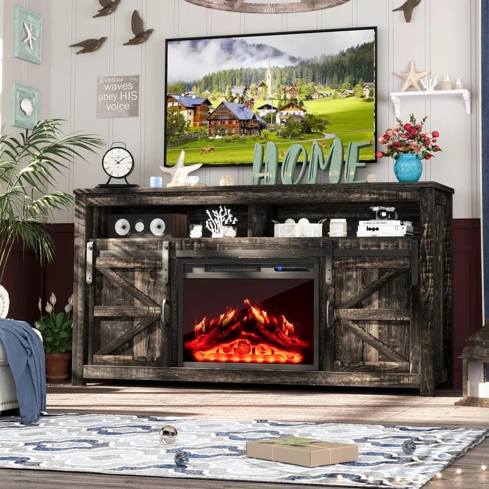 70インチテレビ対応 電気暖炉付きエンターテイメントセンター - ブラウンの背の高いファームハウススタイルのテレビ台（収納付き、暖炉機能付き）