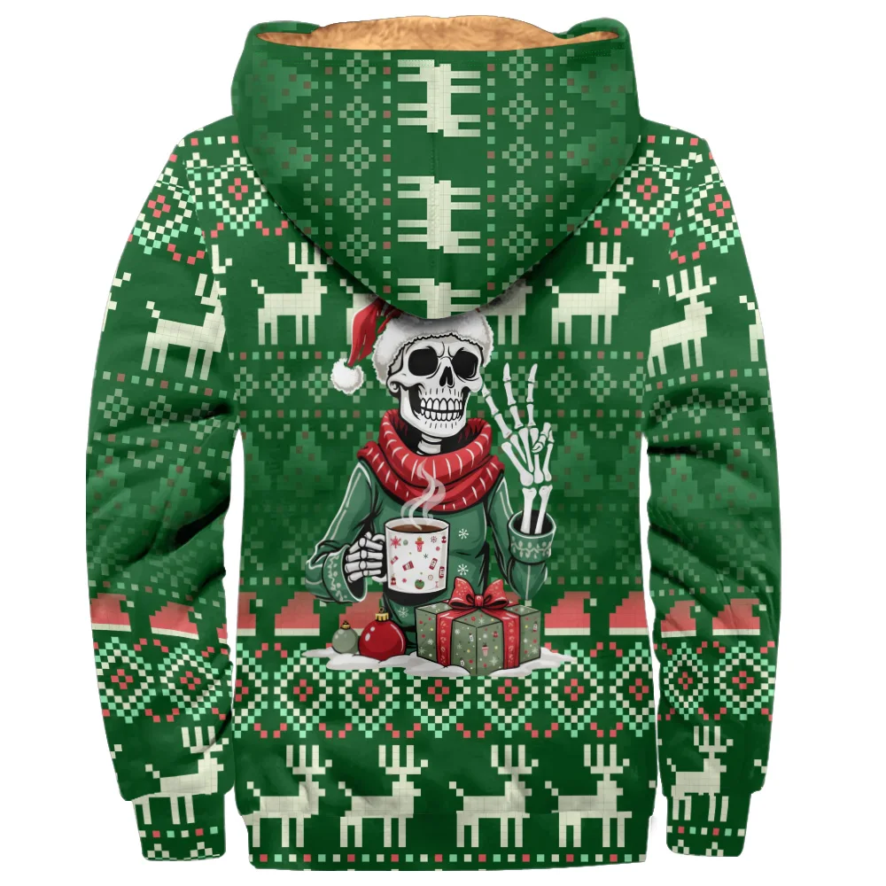 Trendy Men's and Boys' Winter Parkas with Hoodie, Zipper Coat  Warm Outdoor Jacket with Pocket with Christmas Skull Print