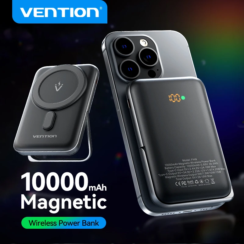 Vention 10000mAh Banco de energía inalámbrico magnético portátil PD 20W Banco de energía de carga rápida para iPhone 13/14/15/16 Pro Max