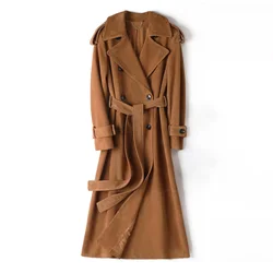 High-End Brown Women Suede Coat Real Leather Suit Collar Sheepskin Outfit Spring Autumn Women Fashion Female Jacket with Belt