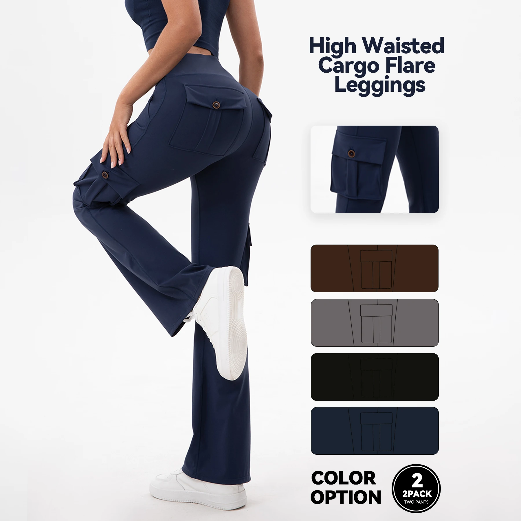 Women High Waist Cargo Flare Yoga Pants Multi Pockets Button Stretch Butt Lifting Athletic Workout Bootcut Leggings Casual Trous