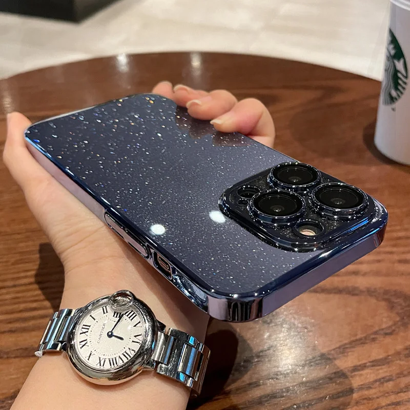 

Plating Shiny Case For Apple iPhone 15 13 14 11 12 Pro Max Plus Full Cover Camera Lens Protection Tranparent Glitter Protector