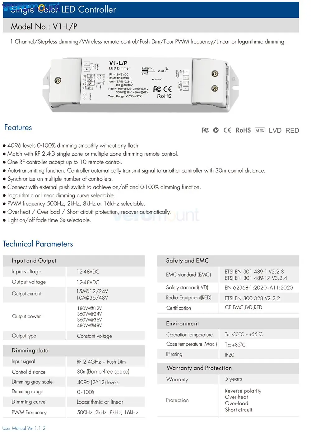 Skydance V1-L/P 1CH*15A DC12-48V CV Controller Self-Reset Switch 2.4G RF Push-Dim PWM Dimmer for Single Color LED Strip Light