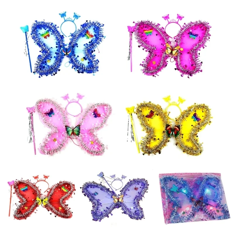 3Pcs/Set Girls Glitter Sequins Fairy Wings Butterfly Hairband and Wand Party Cosplay Accessories Kids Photography Props