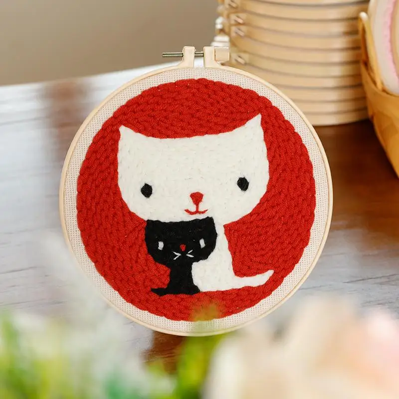 

RUOPOTY Black And White Cat Embroidery Punch Needle Set Rug Punch Decoration Diy Kit Hoop Cloth Color Thread Colorful Handmade C