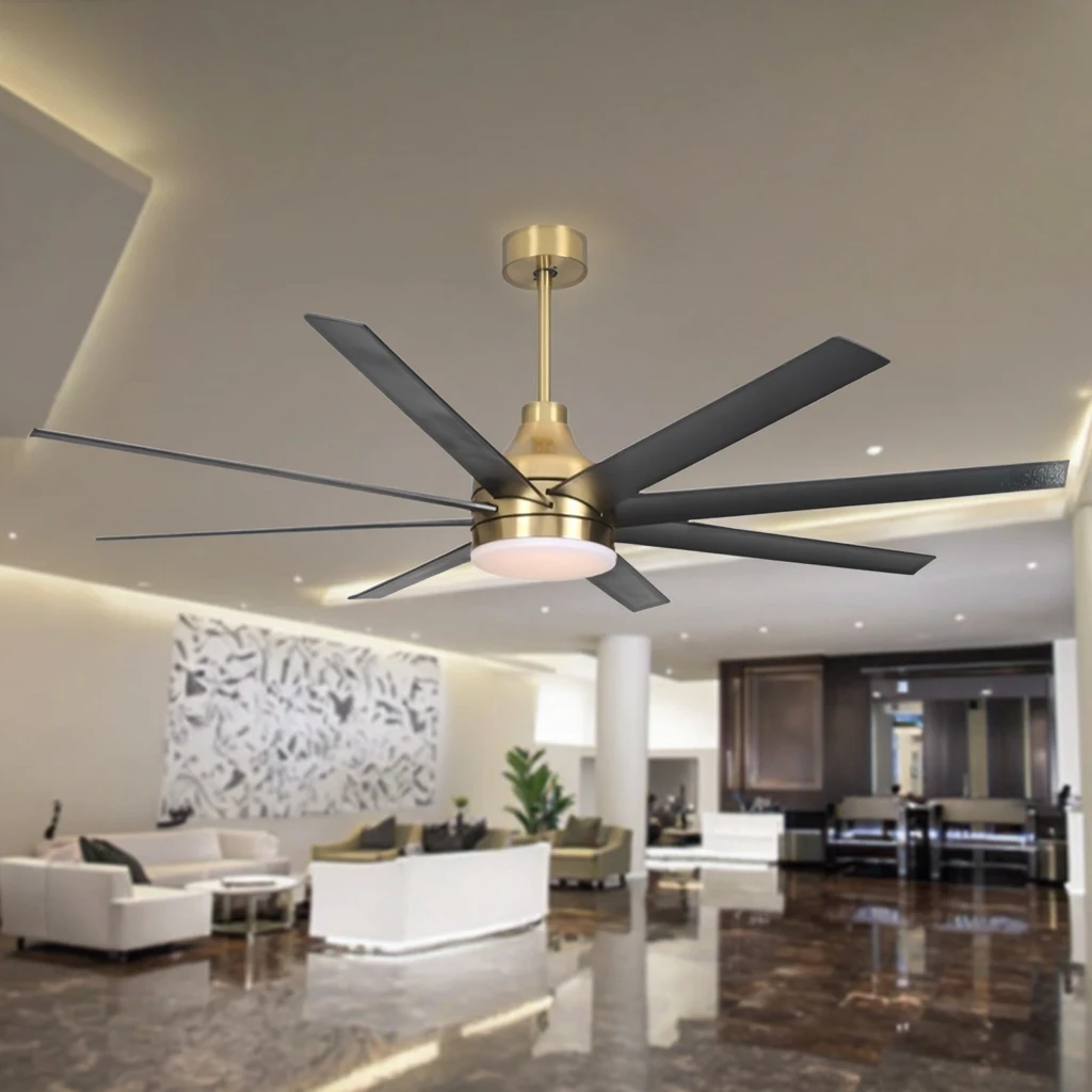 Nordic 60-Inch Living Room Ceiling Fan with 8 ABS Blades and DC Motor Big Black Remote Control Copper Lighting Metal Material