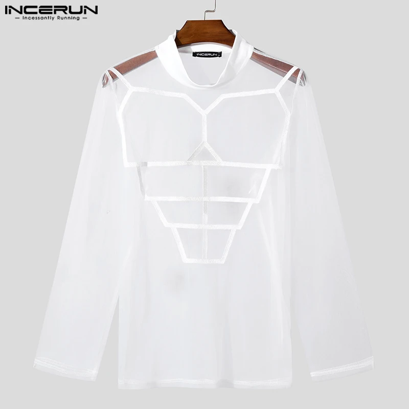 Sexy Fashion Style Tops INCERUN 2025 New Men Semi High Neck Deconstructive Splicing Line Camiseta Sexy Thin Long Sleeved T-shirt