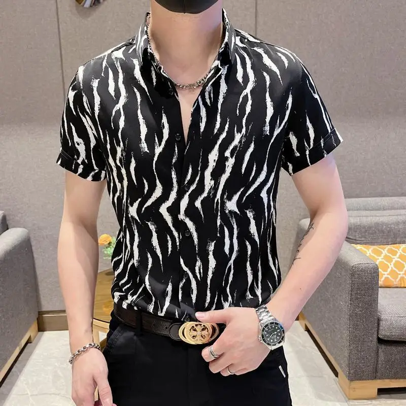 Men\'s Short Sleeve Button Turn-down Collar Cardigan Leopard Printing Shirt High Waisted Solid Pockets Casual Vintage Pants Sets