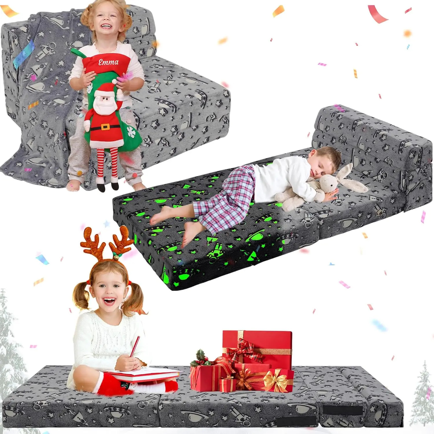 

Folding Sofa Bed Floor Mattr For Kids Glow In Dark, Kids Couch Fold Out With Blanket, Portable Toddler Futon Tri Folding