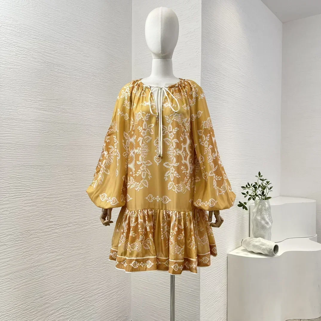 

Gold Floral Print New Arrivals Ruched High Quality Silk Long Lantern Sleeve Lace-up Women Mini Loose Dress