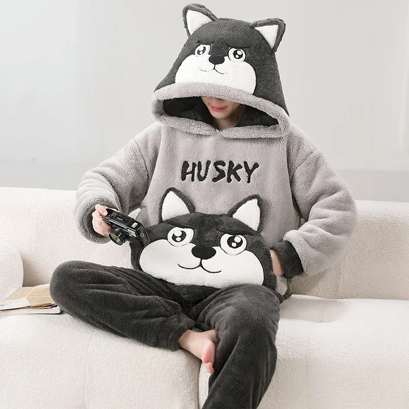 Winter Korean Men Pijamas Sets Thick Male Unisex Sleepwear Lovely Dog Man Loose Pyjama Hooded Soft Warm Pajamas Suit Loungewear