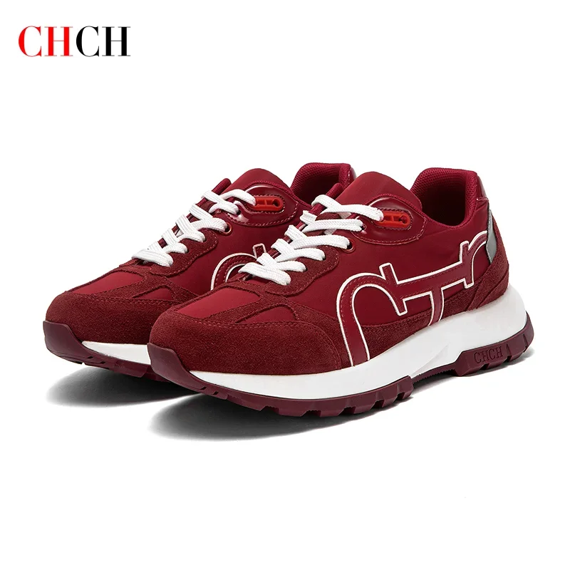 C-H  Woman Casual Shoes  New Wine Red Retro Cow Leather Splicing Design Walking Shoes Skeleton Correction