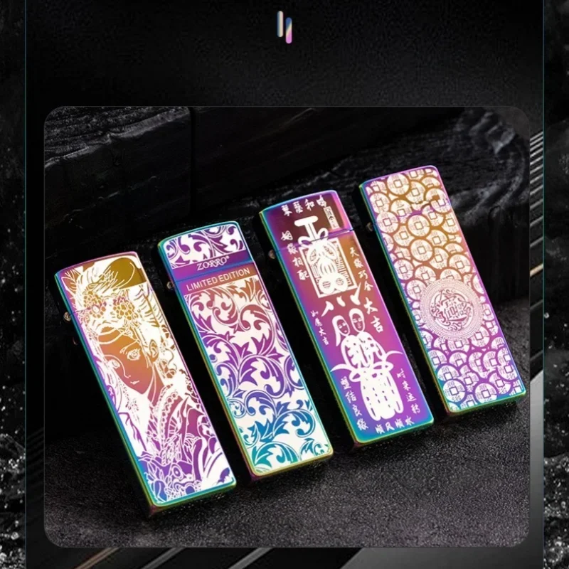 ZORRO Double sided Carved Ultra thin Kerosine Lighter Classic Grinding Wheel Ignition Windproof Compact Fuel Oil Lighters Gifts