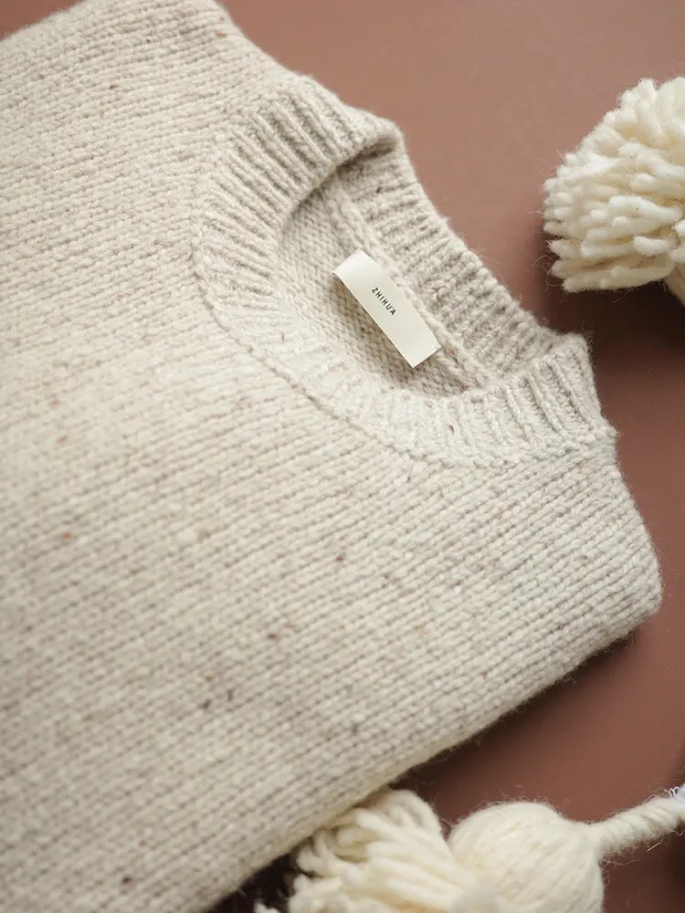 Custom-spun upw cream colored dot yarn warm and thickened loose round neck stick needle pure wool knitted sweater women