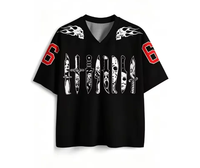 Y2K Gothic Horror Killer Knives Print V‑Neck Jersey Top, Edgy Punk Halloween Cosplay Unisex Daily Short Sleeve Streetwear Shirt