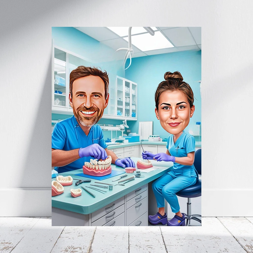 Dental Assistant Couple Cartoon Portrait Poster Dental Assistant Gift Dental Prosthetist Caricature From Photo Canvas Painting