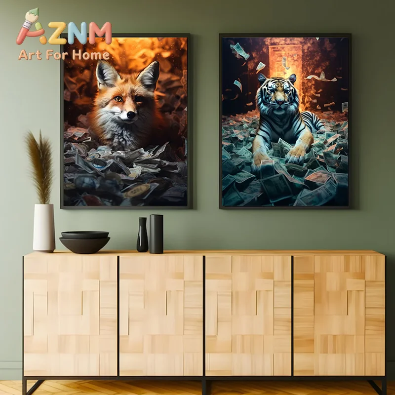 1pc frameless Canvas Painting Interesting Animal Portraits Leopards Tigers Lying In Banknotes Animals Poster Canvas Paintings Wa