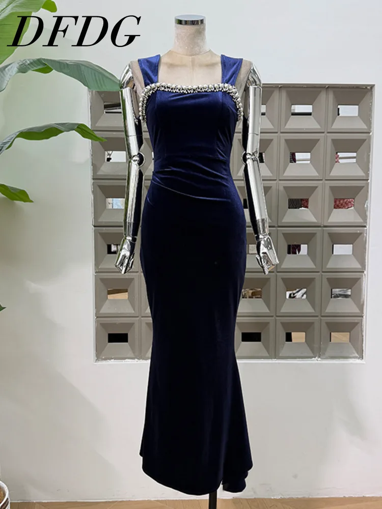 

DFDG 2025 Autumn Women’s Velvet Beaded Spaghetti Strap Dress Square Neck Bodycon Mermaid Slimming Chic Cocktail Evening Dress
