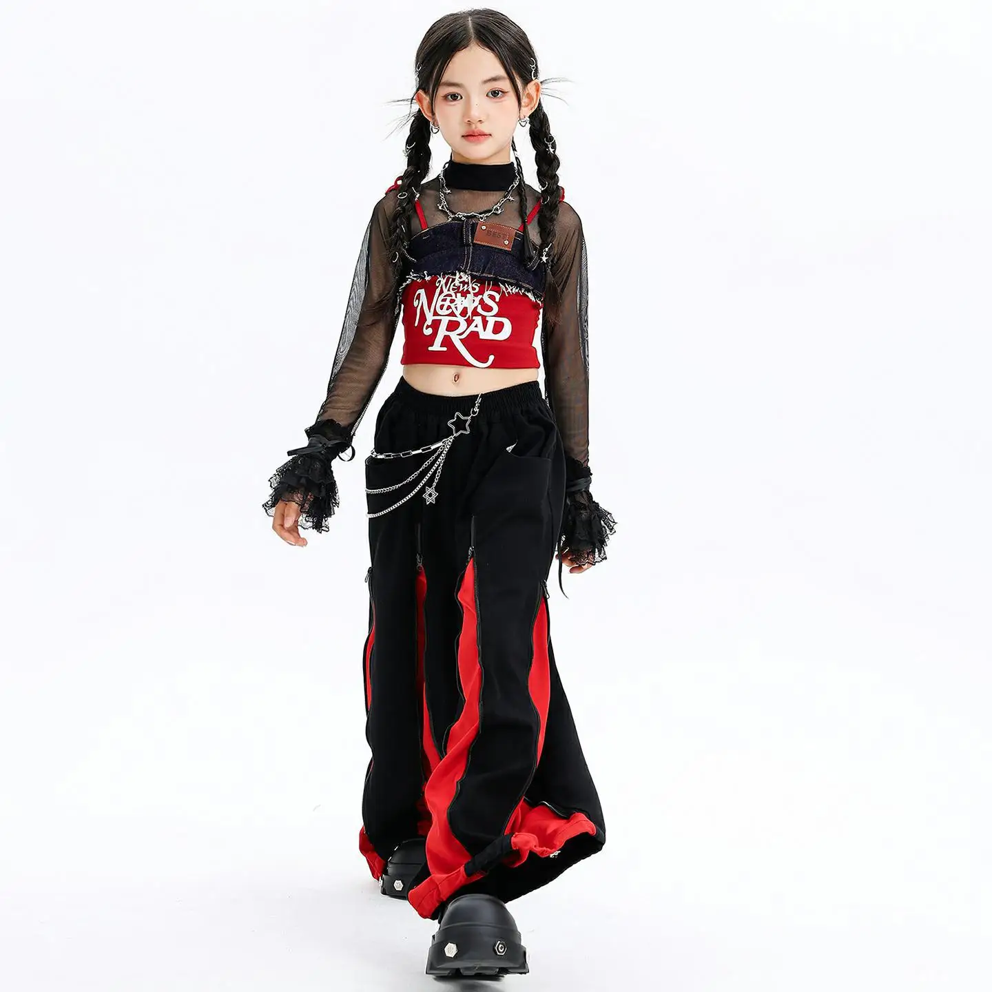 Hip Hop Girls Lace Patchwork Tank Top Contrast Loose Street Dance Pants Child Kpop Streetwear Kids Jazz Girl Group Clothes Sets