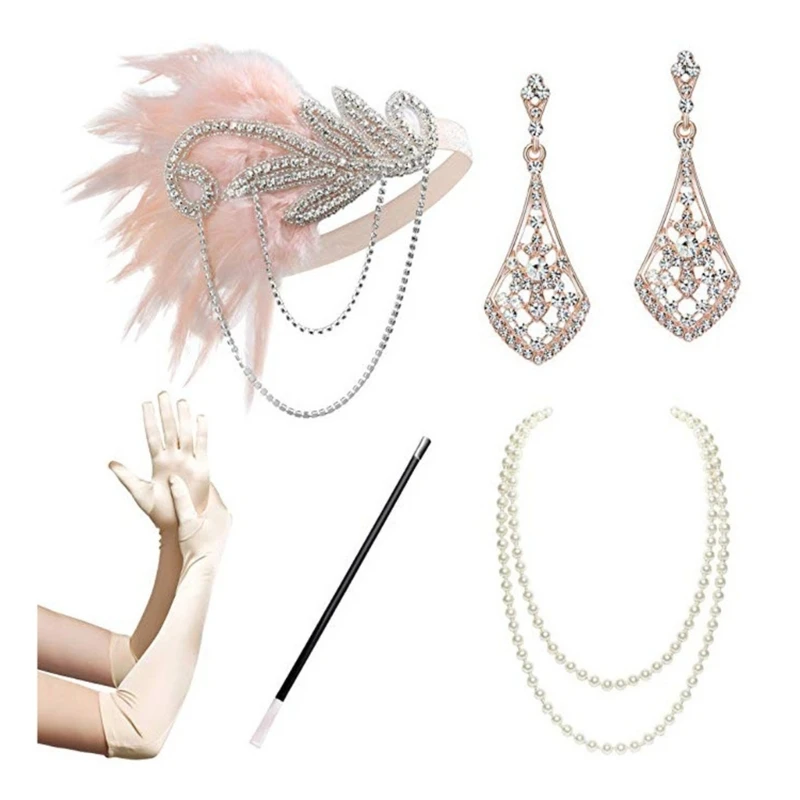 Flapper Accessories for Womens 1920s Gatsby Costume Accessory Roaring 20s Flapper Headband Earrings Gloves Necklace Set