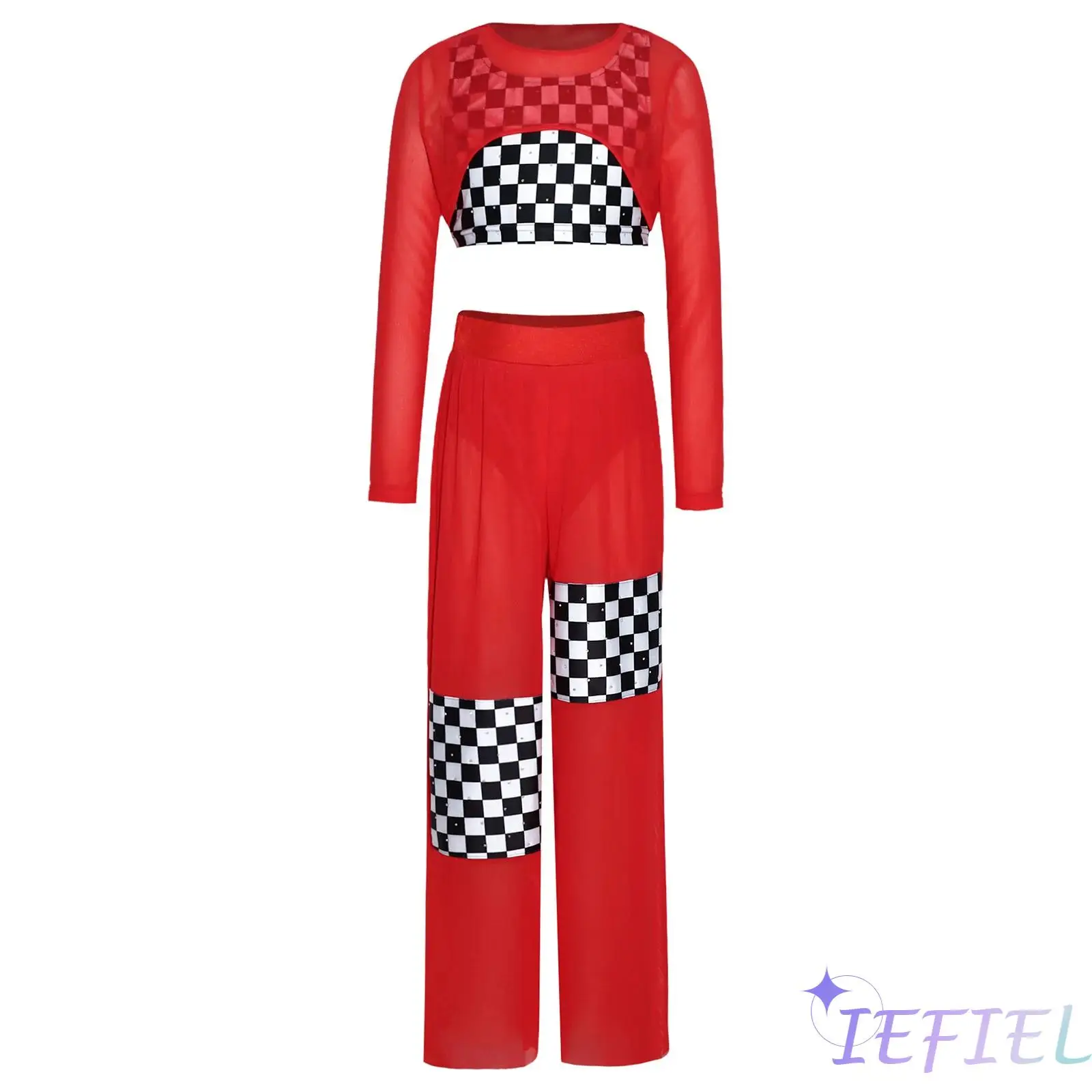 

Racing Suit for Kids Girls Rhinestone Checkerboard Print Vest Mesh Crop Top And Pants Race Car Driver Style Street Dance Outfits