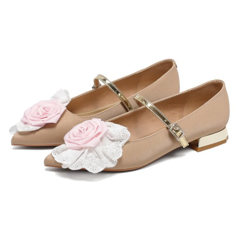 Sweet Flower Lace Decoration Low Heel Pumps for Women Fashion Pointed Toe Narrow Buckle Designer Shoes Elegant Casual Dress Shoe