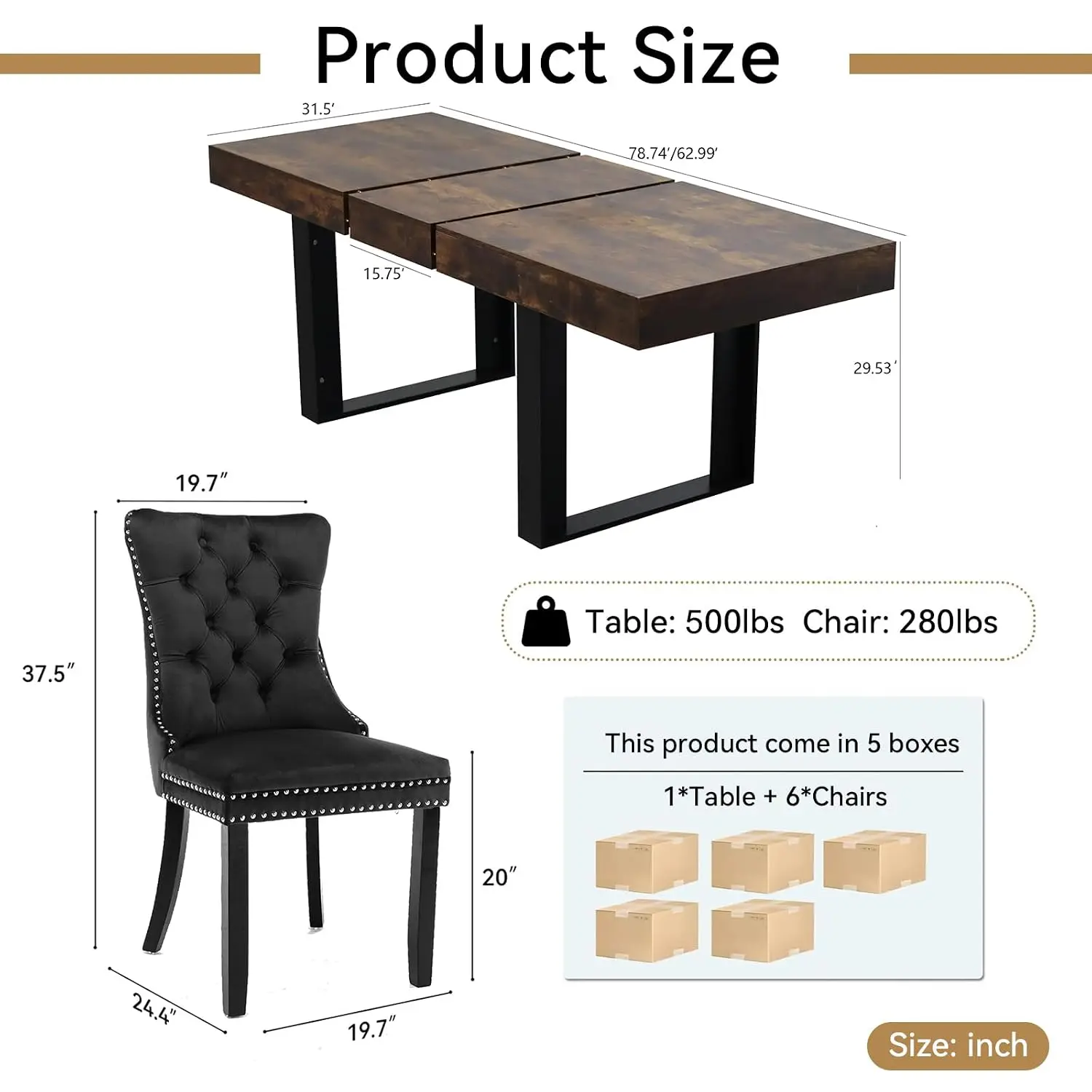 Rustic Brown Extendable Dining Table Set 6 Black Tufted Chairs 63-78 Inch Farmhouse Wood Kitchen Dining Room, Customized