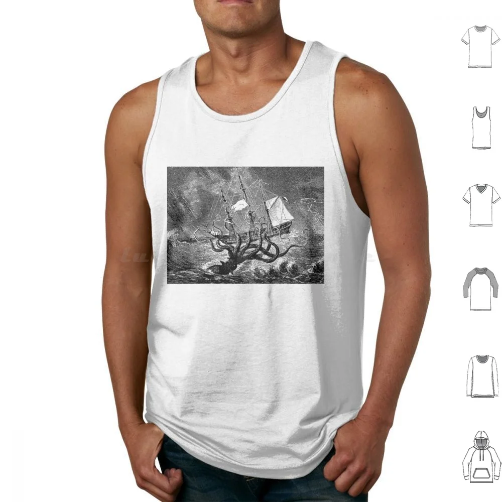 Vintage Kraken Attacking Ship Illustration Tank Tops Print Cotton Sea Monster Kracken Giant Squid Octopus Creature