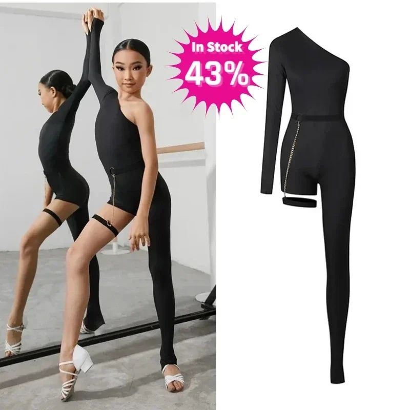 Girls Designer Clothes Slant Shouder Cha Cha Dance Performance Costume Training Wear Latin Dance Jumpsuit