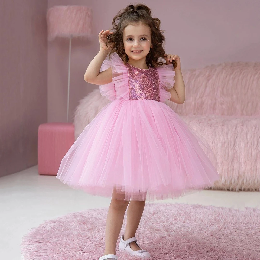 Cute Pink Girl's Party Dresses for Christmas Glitter Sequin Knee Length Flower Girl Dress O-neck A Line Pageant Prom Gowns