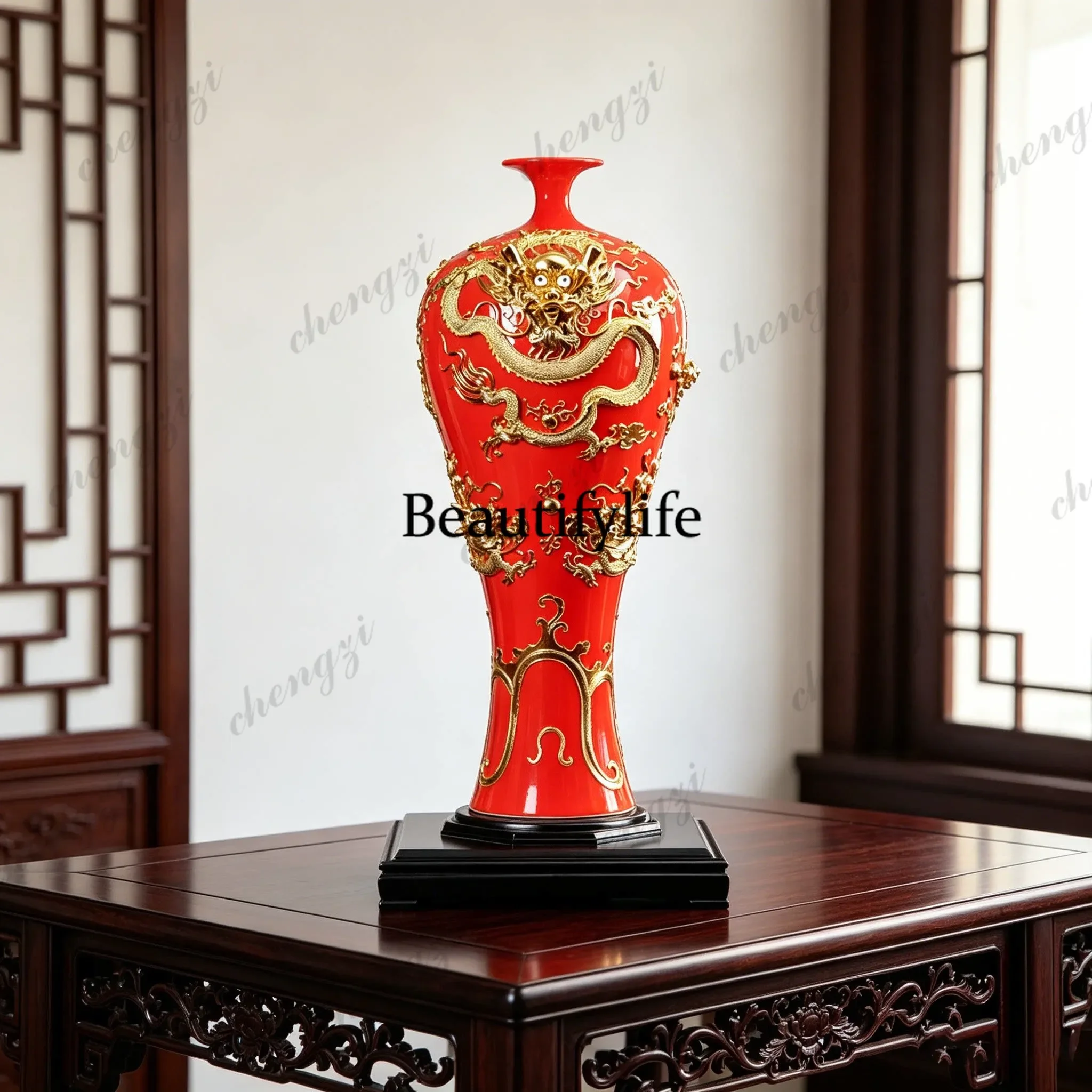 a55 Lacquer line engraving gold foil Longteng Shengshi ceramic vase large living room entrance TV cabinet ornament