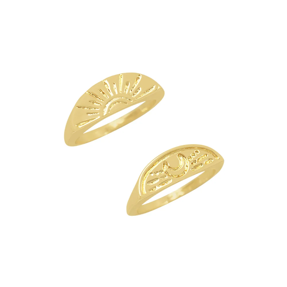 New Arrivals Gold Color Textured Sun Moon Engraved Half Circle 2pcs Ring Pack For Women Girl Casual Trendy Tarot Style Jewelry