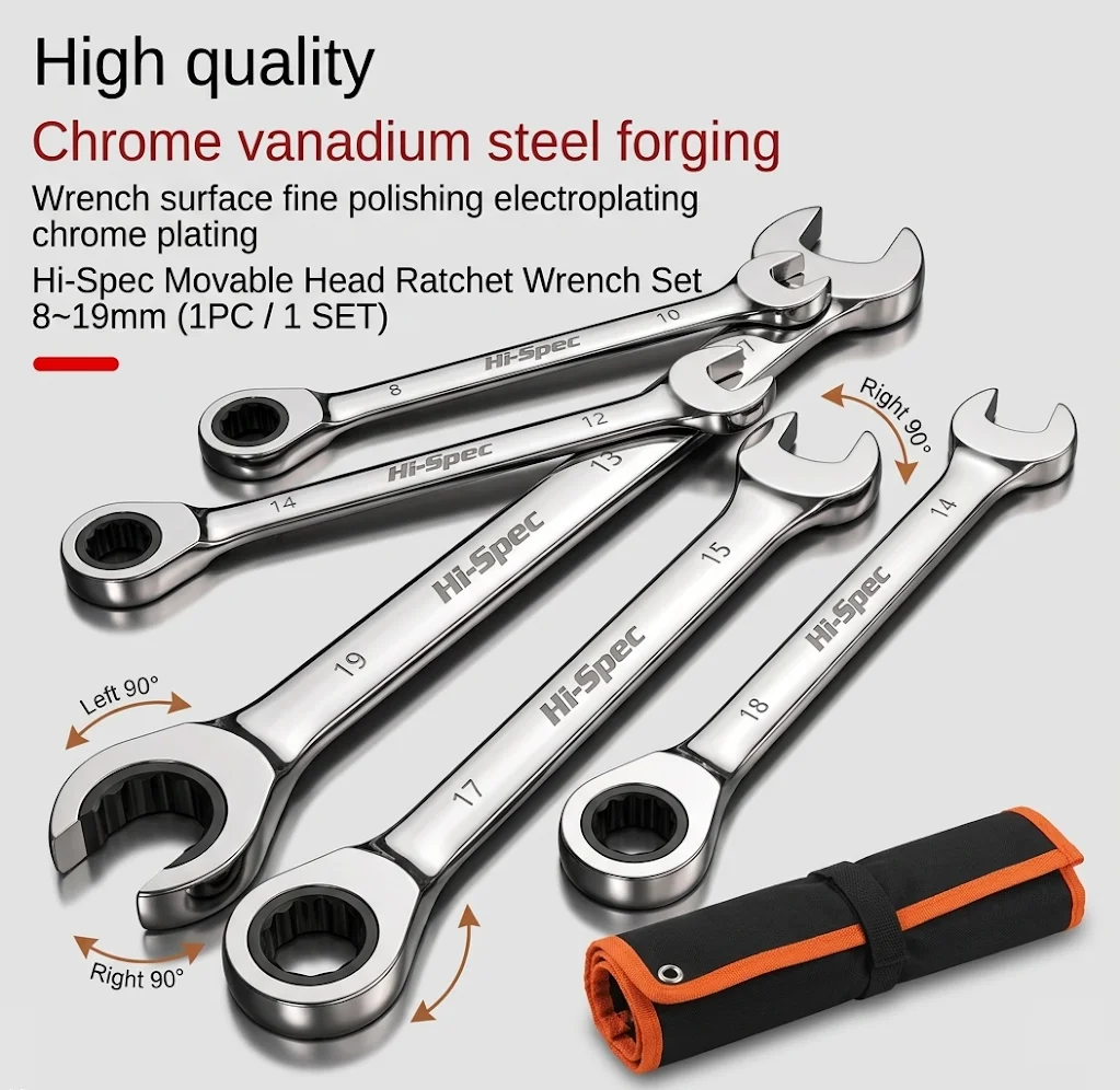 Hi-Spec Verstellbarer Drehmoment-Ratschenschlüsselsatz 8-19mm Universalschlüssel für Fahrrad- und Heimreparaturen Handwerkzeug-Set