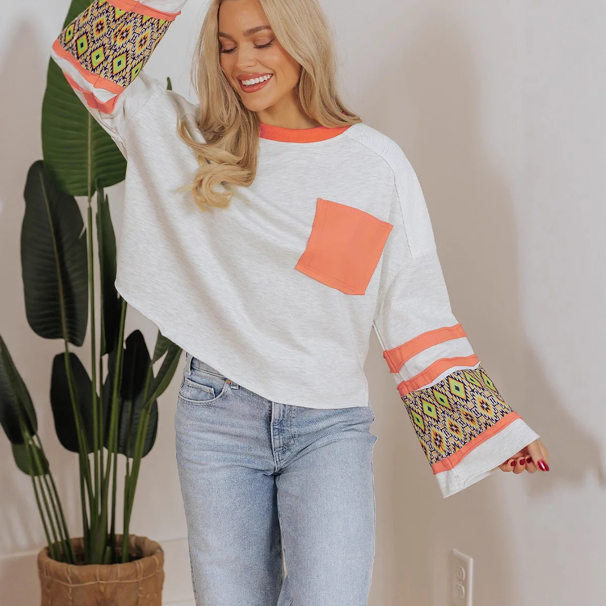 Casual Versatile Multi-color Printed Sweatshirt for Women 2025 Autumn New Pullover Round Neck Long Sleeve Top for Women