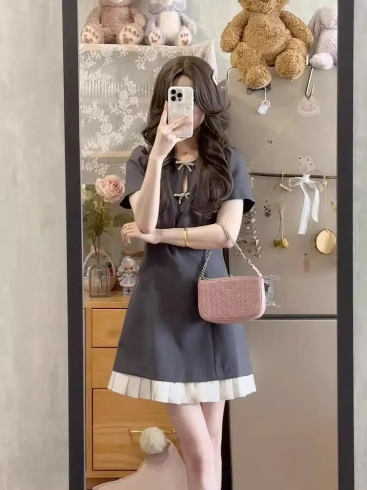 

Japan French Bow Gray Temperament New Chinese Dress Summer 2026 New High-End And Beautiful Short Skirt