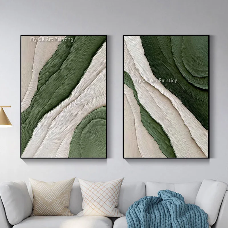 Green White Texture Thick Oil Painting On Canvas Handmade Beige White Waves Artwork For Home Decor Set Of Two Wall Art As Gifts