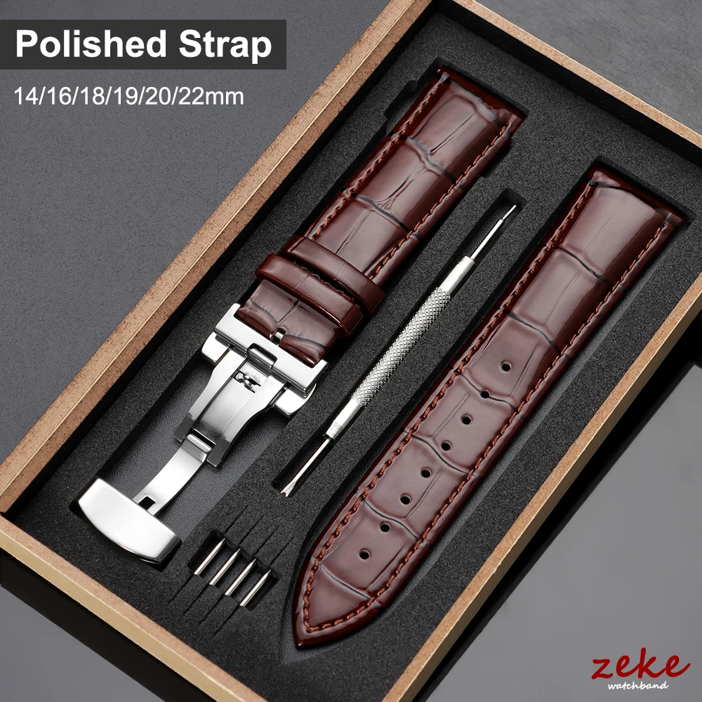 Armband 14/16/18/19/20/22mm Poliertes Echtleder-Uhrenarmband mit Holzbox Schmetterlingsverschluss Uhrenband Braun Schwarz Riemen