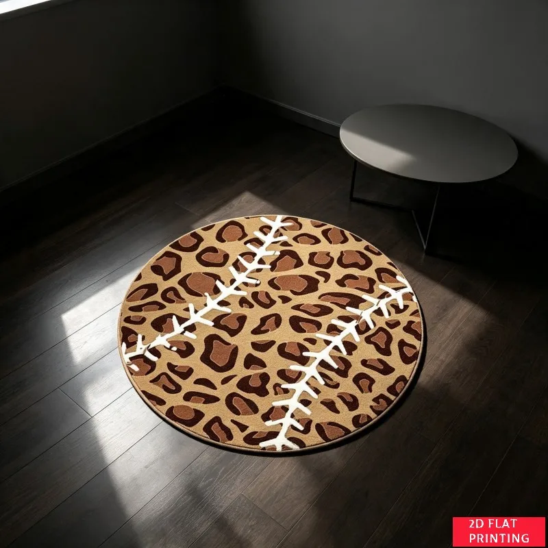Sporty Leopard Print Baseball Stitching Pattern Round Carpet For Game Room Or Man Cave Decor With Wild Animal Print Floor